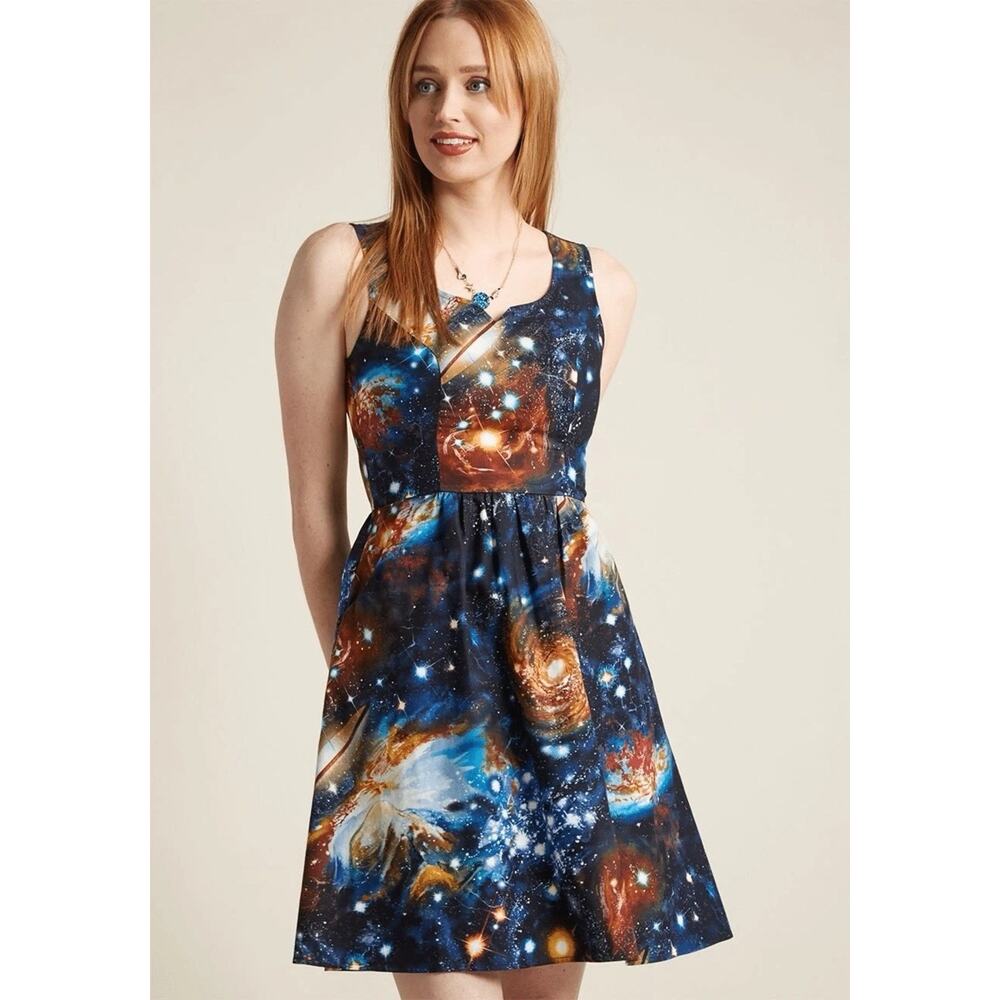 ModCloth Sleeveless Solar System Fit and Flare Dress Size S Cotton Mini Space - Picture 2 of 8